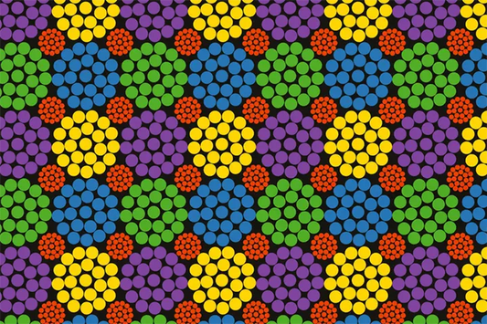 Colourful dot art pattern in the style of Aboriginal dot painting, featuring repeating circular dot clusters in yellow, purple, green, blue and red on a black background.