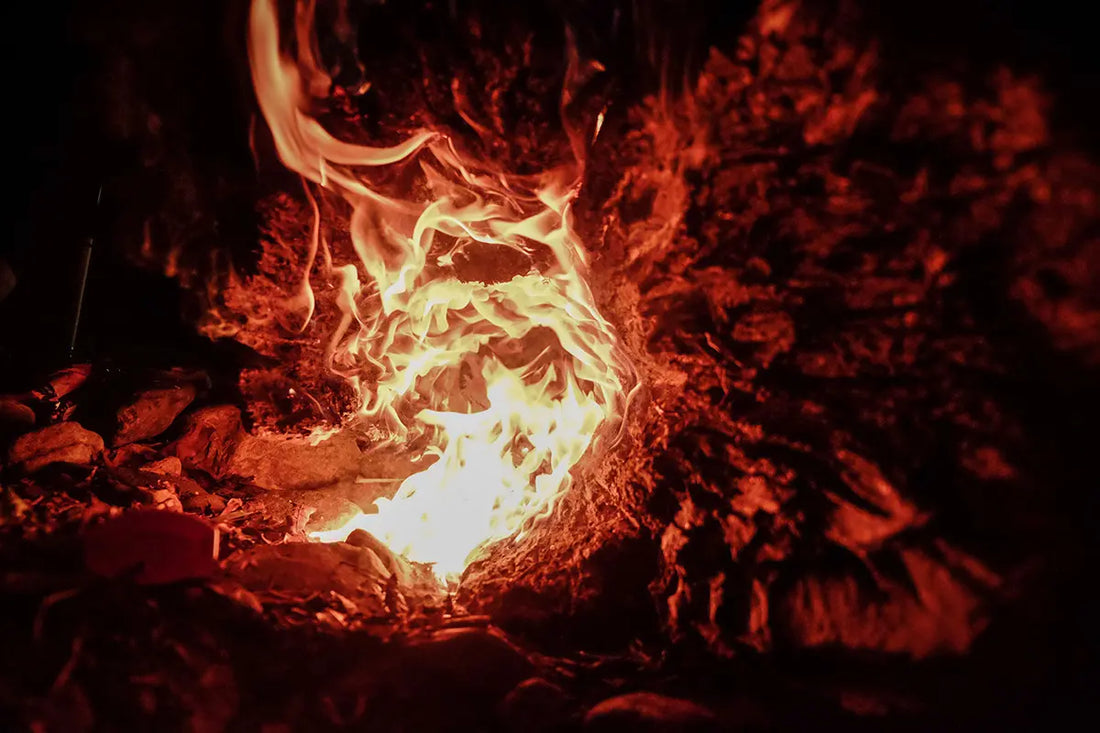 Low, glowing flames burning gently across leaf litter and rocky ground at night, embers illuminating the surrounding bushland in Kakadu.