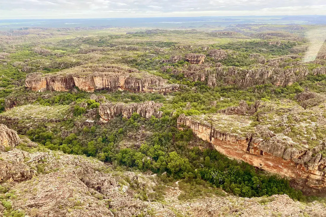 Aerial view of Kakadu National Park showing sandstone escarpments, red rock formations, and dense green bushland stretching to the horizon.