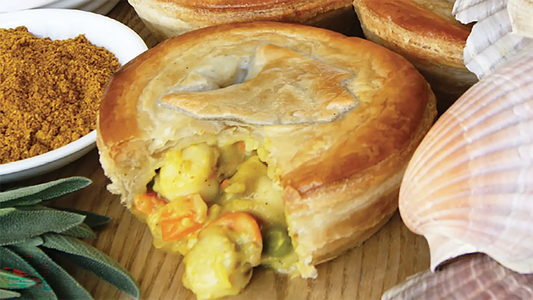 Golden Tasmanian scallop pie with pastry cut open, revealing curried scallops, vegetables and creamy sauce