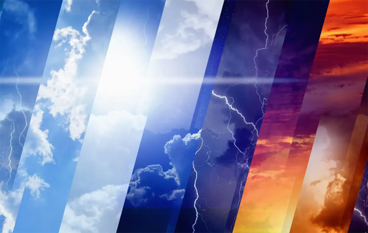 Collage of six diagonal sky panels — clear blue, sunny clouds, storm clouds, lightning, starry dusk, and fiery sunset, representing Kakadu's six seasons.