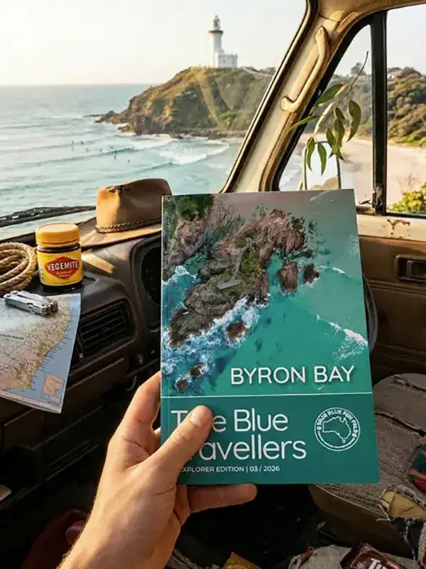 A hand holds The Blue Travellers Byron Bay explorer edition inside a van overlooking the ocean and lighthouse.