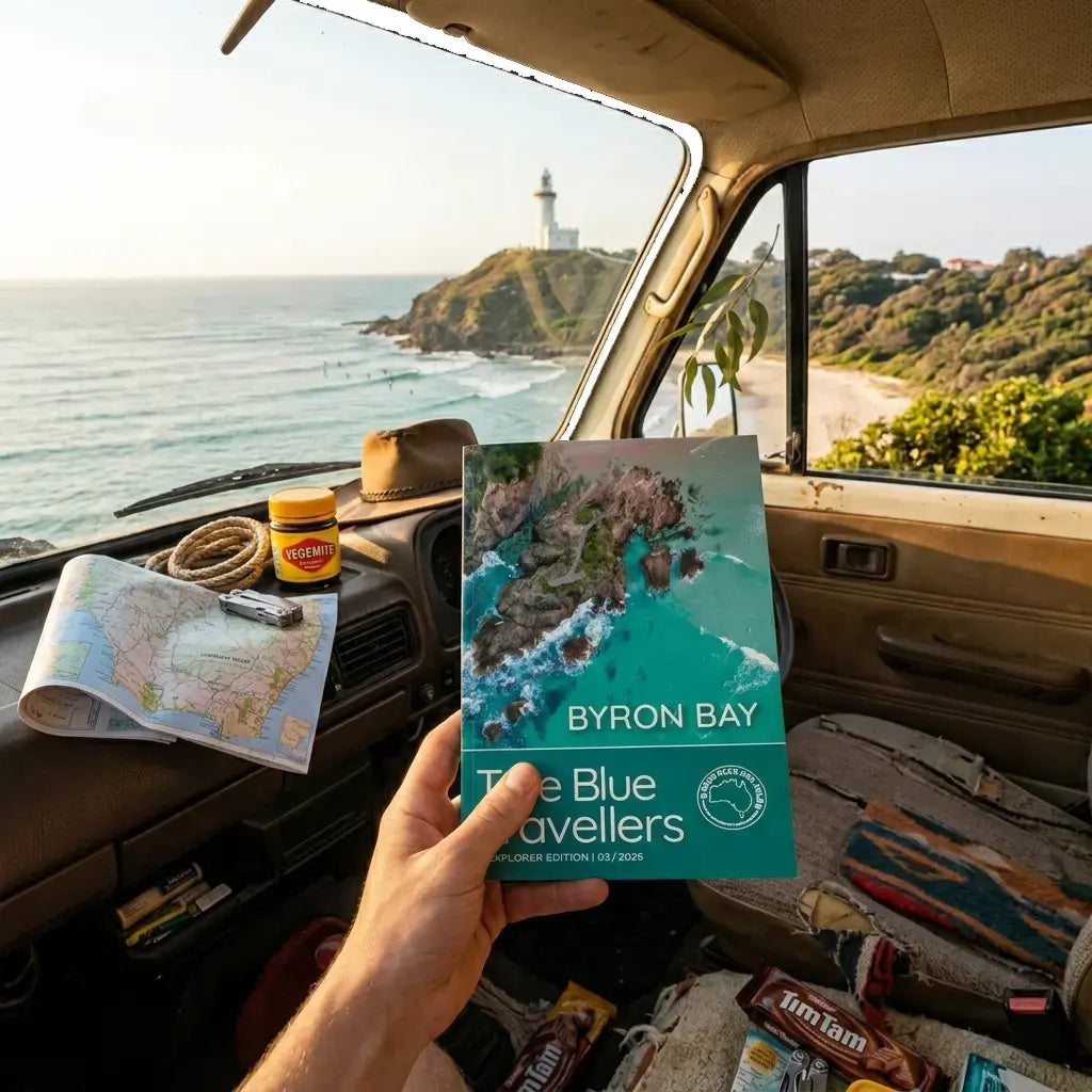 Hand holding Byron Bay travel guide inside a van, ocean view with lighthouse, map, Vegemite and Tim Tams on dash