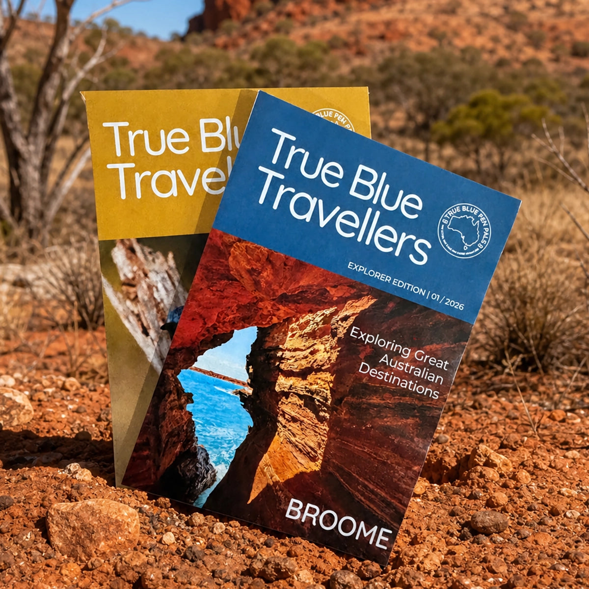 Broome Western Australia red pindan cliffs meeting turquoise ocean waters, a stunning destination from the True Blue Pen Pals past adventures collection